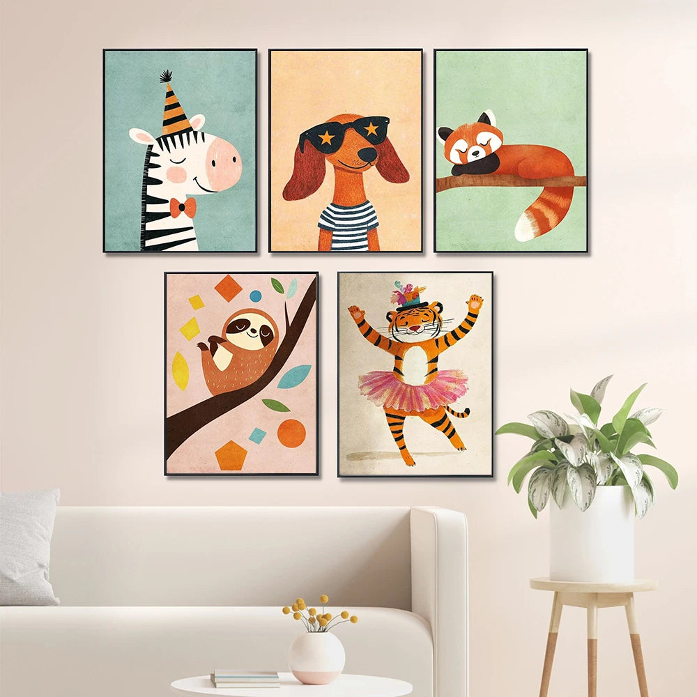 Safari Nursery Decor Poster Jungle Boho Cartoon Cute Wall Art Prints Baby Kids Animal Prints Children's Room Bedroom Decoration | 1