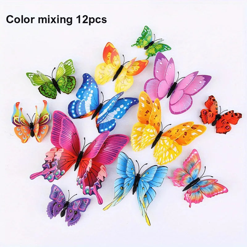 12pcs 3D Double Layer Butterflies Wall Stickers Living Room Decor Wedding Kids Room Decoration DIY Wall Art Magnet Stickers | Color:Multi Color
