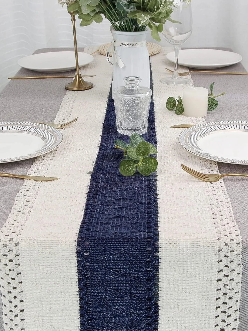 Blue Table Runner Handmade Hemstitch Boho Table Runner Or Dresser Scarf,Classic Table Runner with Tassels for Dining Table Decor | 2