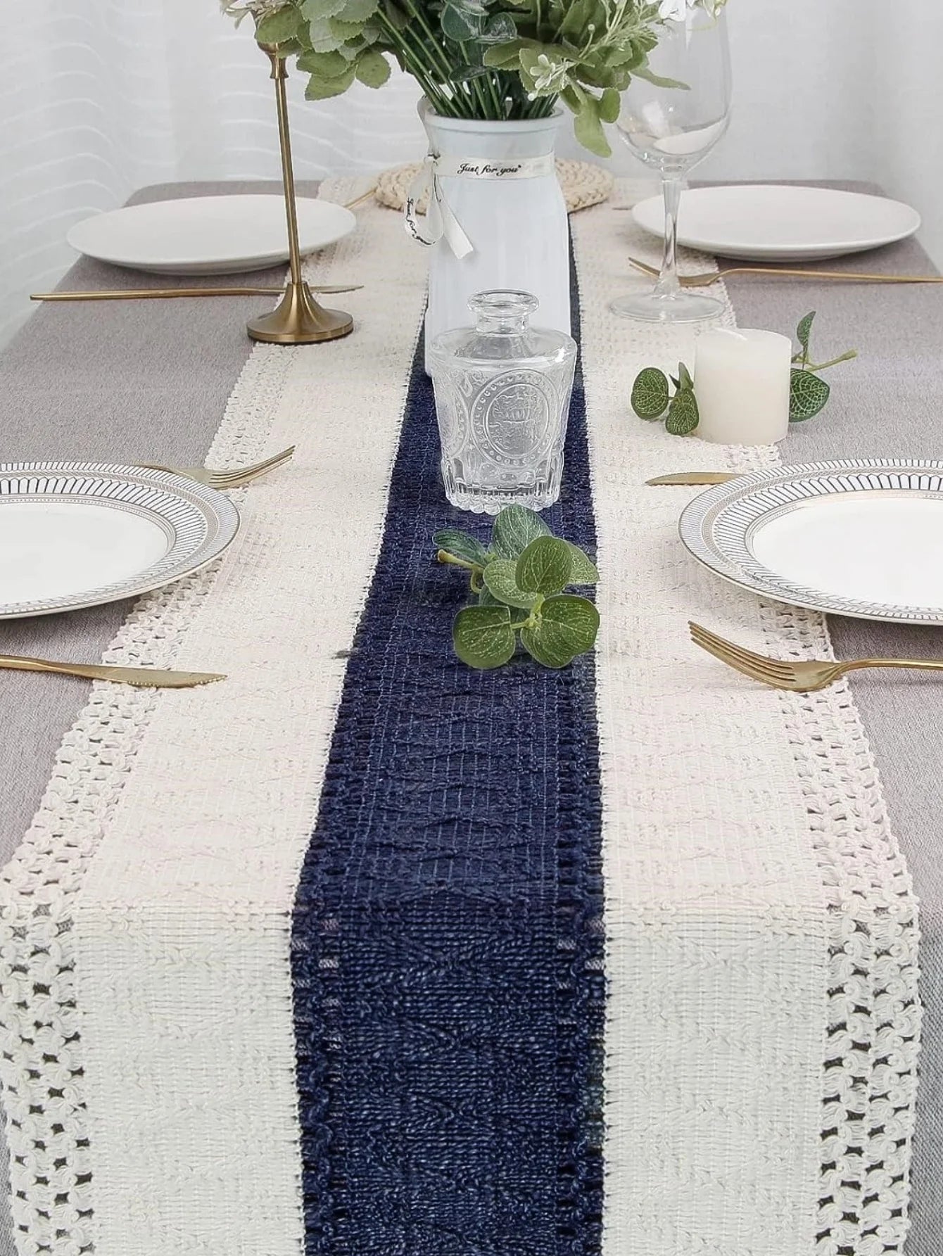 Blue Table Runner Handmade Hemstitch Boho Table Runner Or Dresser Scarf,Classic Table Runner with Tassels for Dining Table Decor | 2