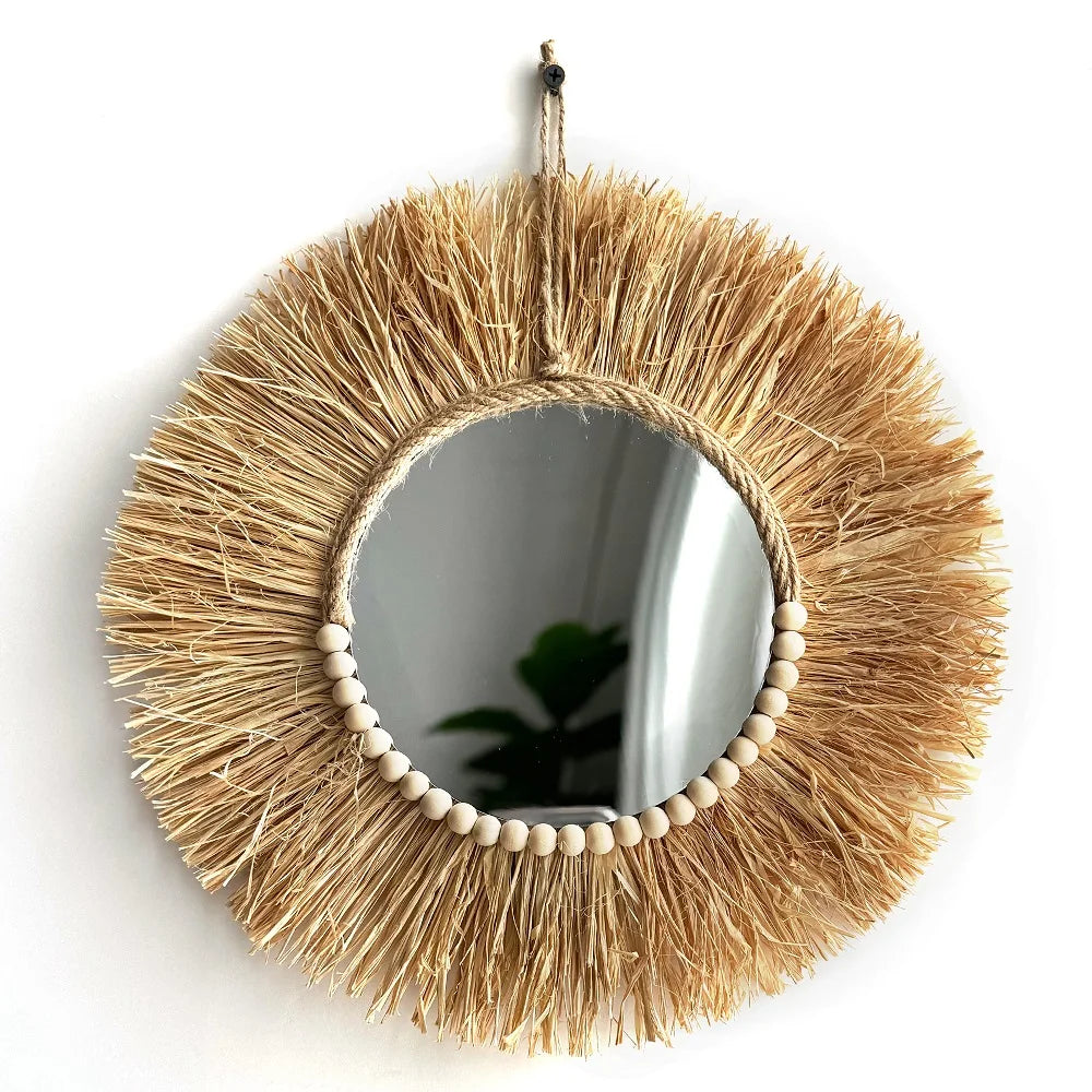 Handmade Boho Raffia Mirror Wall Hanging Decor Rustic  Boho Circle Acrylic Mirrors with Wood Bead Farmhouse Aesthetic Nursery | 0
