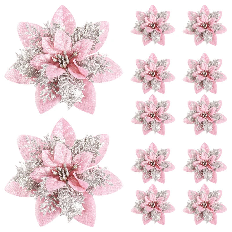 5/10Pcs Glitter Pink Christmas Flowers Xmas Tree 14cm Artifical Flower Ornaments 2025 Christmas Decoration For Home New Year | 0