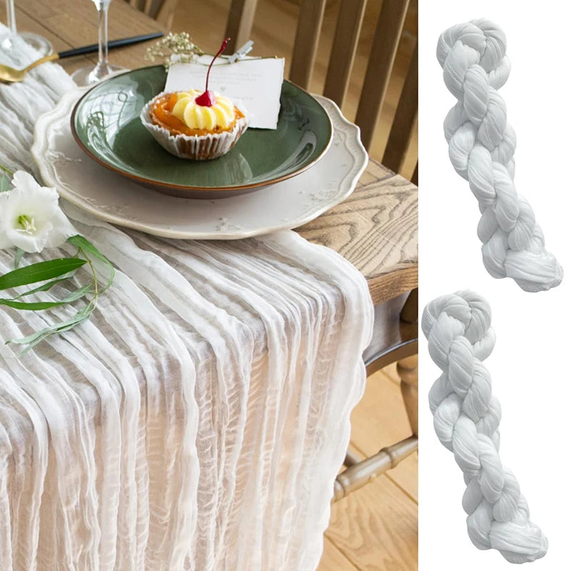 90x300cm Brown Cheesecloth Table Runners Boho Sheer Tablecloth for Wedding Shower Birthday Bridal Party Home Dinning Decoration | Color:WHITE