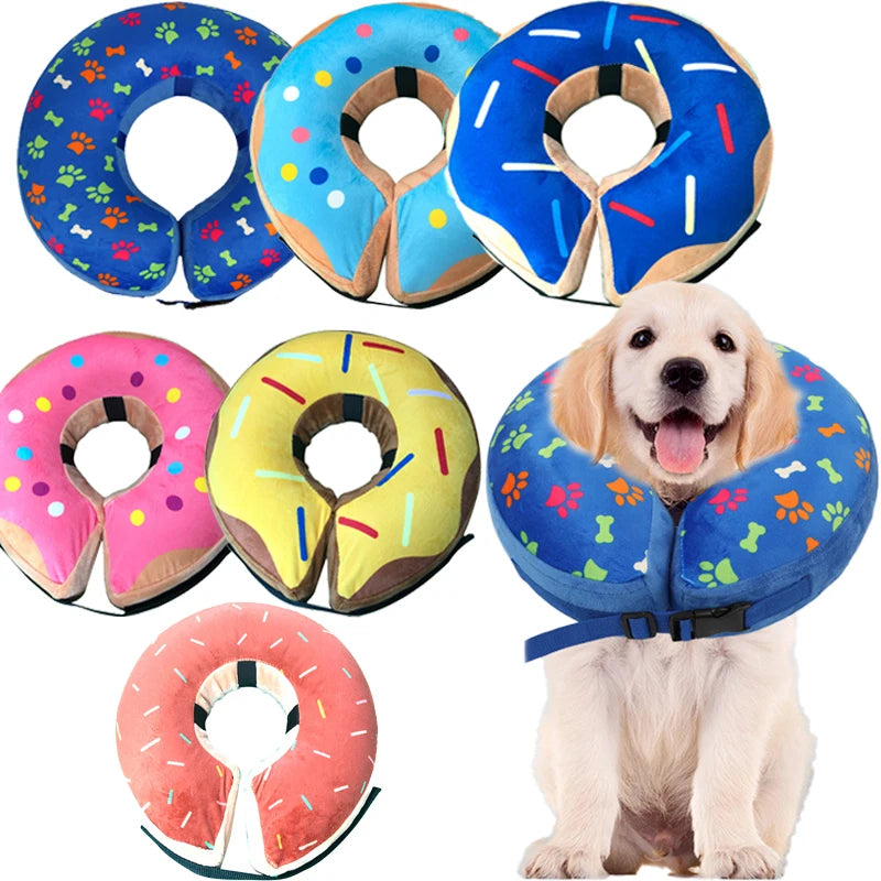 Dog Inflatable Cone Collar Adjustable Washable Post-Surgery Recovery Sweet Donuts for Large Medium Dogs Cats Protective Collar | 0