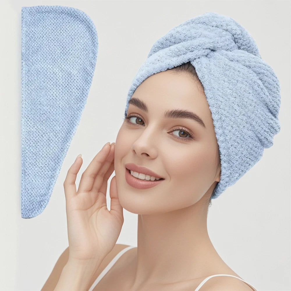 Solid color hair towel Textured dry hair cap 9.8 "X 25.5" absorbent hair towel wrap for button-down women | Color:Blue-up