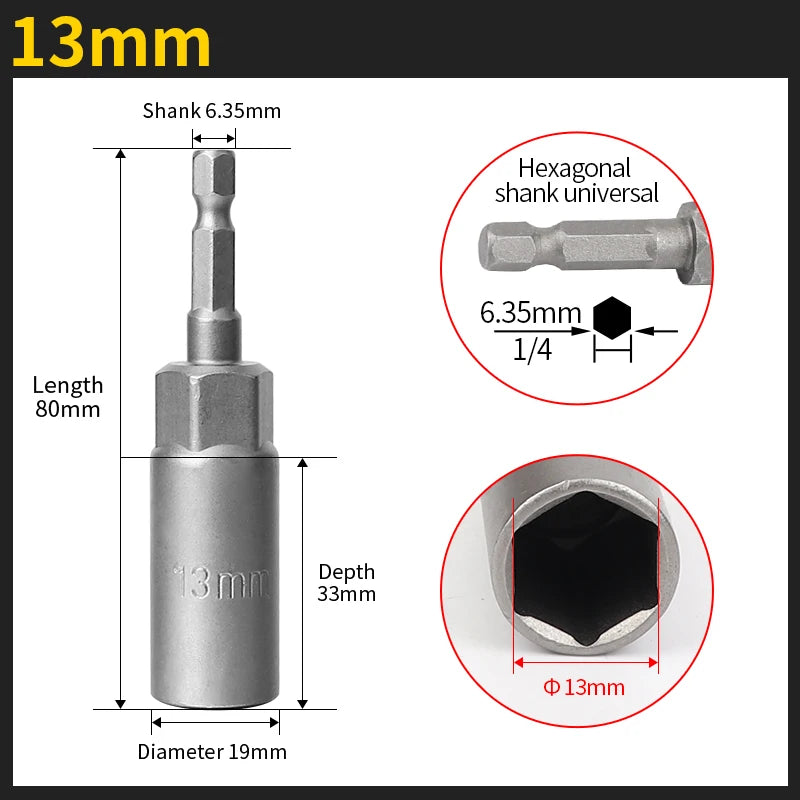 Length Deepen Impact Socket Adapter 5.5-19mm Power Nut Driver Socket Set 1/4-inch Hex Shank Screwdriver Key Head Hand Tool Set | Color:13mm