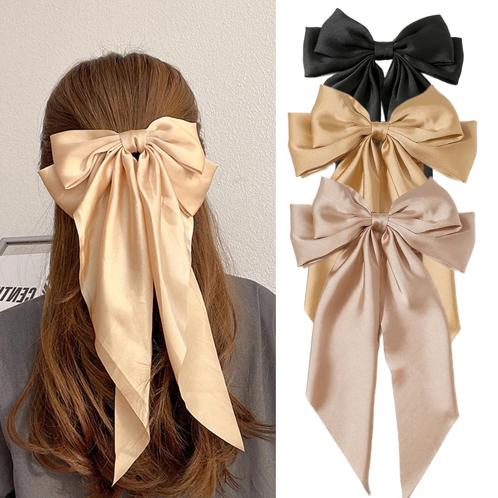 Korean Accessories Hair Clips for Women Girls Big Bowknot Solid Satin Long Ribbon Bows Spring Clamp Barette Cheveux Femme 2023 | Color:S10-3PCS