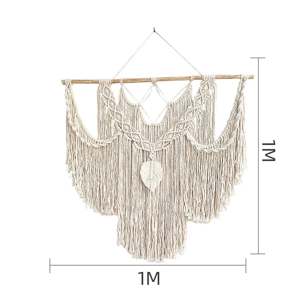 Large Macrame Wall Hanging Tapestry with Wooden Stick Hand-Woven Bohemia Tassel Curtain Tapestry Wedding Backgrou Boho Decor | Color:Z219B
