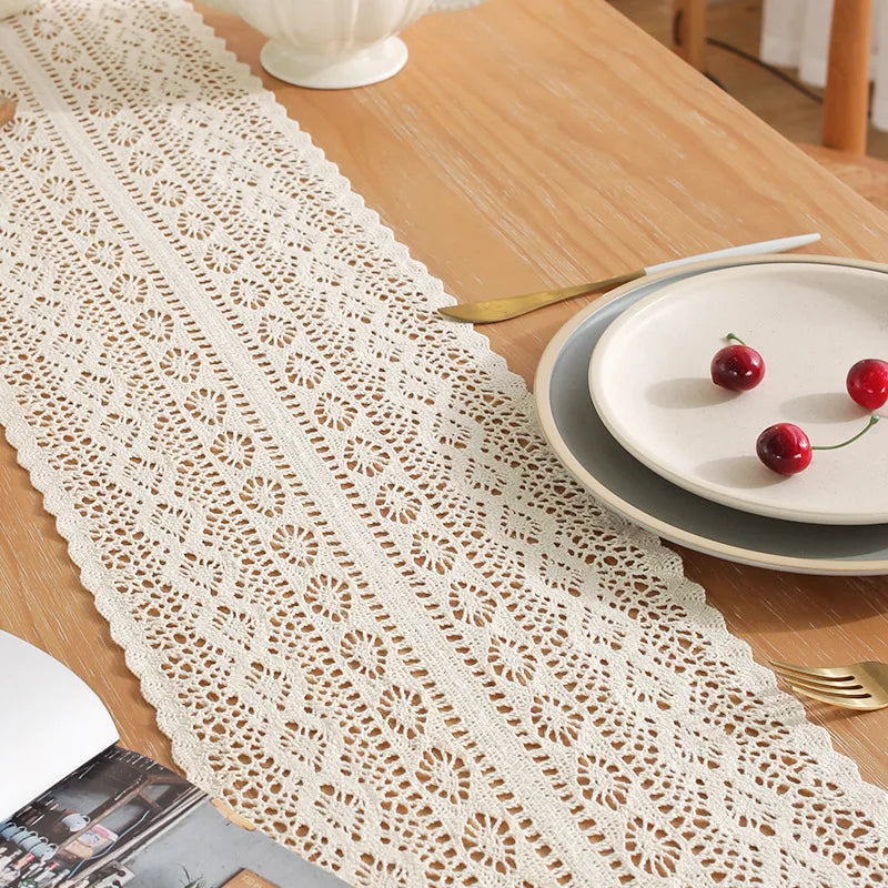 Boho Beige Table Runner, Vintage Farmhouse Bohemian Crochet Macrame Table Runner for Wedding Party Coffee Dining Table Decor | 1