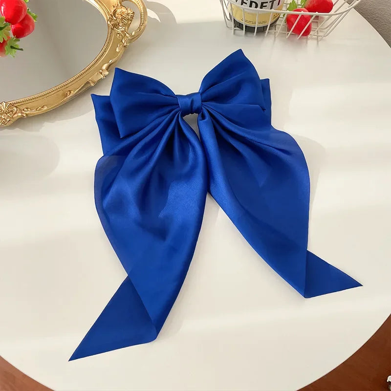Korean Accessories Hair Clips for Women Girls Big Bowknot Solid Satin Long Ribbon Bows Spring Clamp Barette Cheveux Femme 2023 | Color:Blue