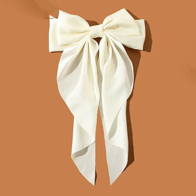 Korean Accessories Hair Clips for Women Girls Big Bowknot Solid Satin Long Ribbon Bows Spring Clamp Barette Cheveux Femme 2023 | Color:Beige