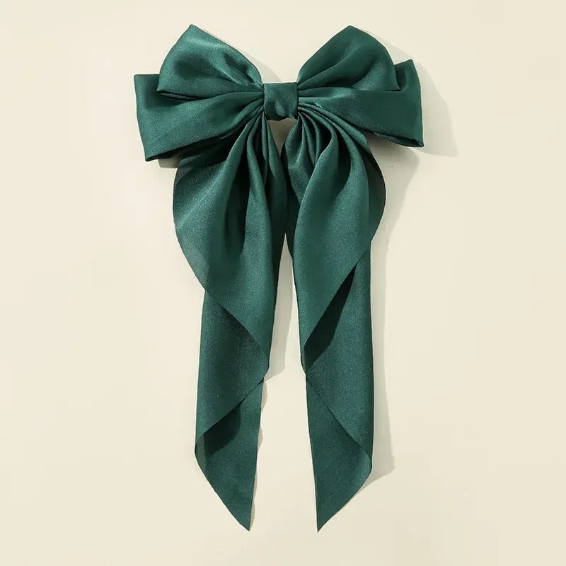 Korean Accessories Hair Clips for Women Girls Big Bowknot Solid Satin Long Ribbon Bows Spring Clamp Barette Cheveux Femme 2023 | Color:Green