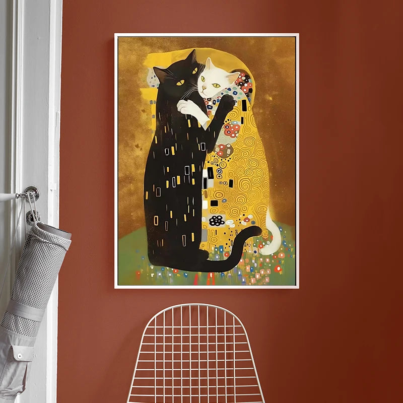 Cat Kitty Klimt Kiss Canvas Poster Vintage Creative Parody Style Print Wall Art Pictures Painting Living Room Home Decoration | 1