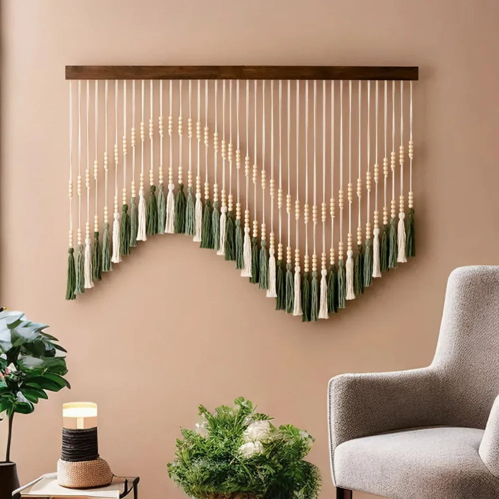 Macrame Wall Hanging Tapestry with Wooden Stick Hand-Woven Bohemia Tassel Curtain Tapestry Wedding Backgrou Boho Decor | Color:Slina 068021