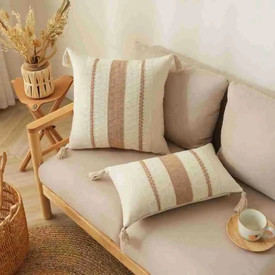 2 Piece Boho Cotton and Linen Tassel Cushion Cover Geometric Woven Crochet Pillowcases Fringed Handmade Home Decor 55x55/60x60cm | Color:I-Cushion cover