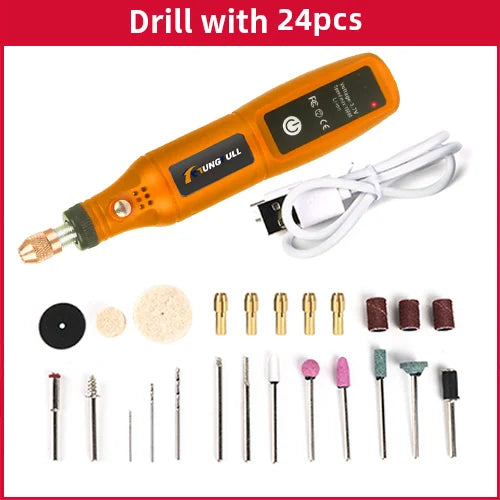 DIY Mini Rotary Tool USB Engraving Tool Dremel Tool Mini Grinder Machine Mini Wireless Drill Rechargeable Polishing Machine | Color:Drill with 24pcs