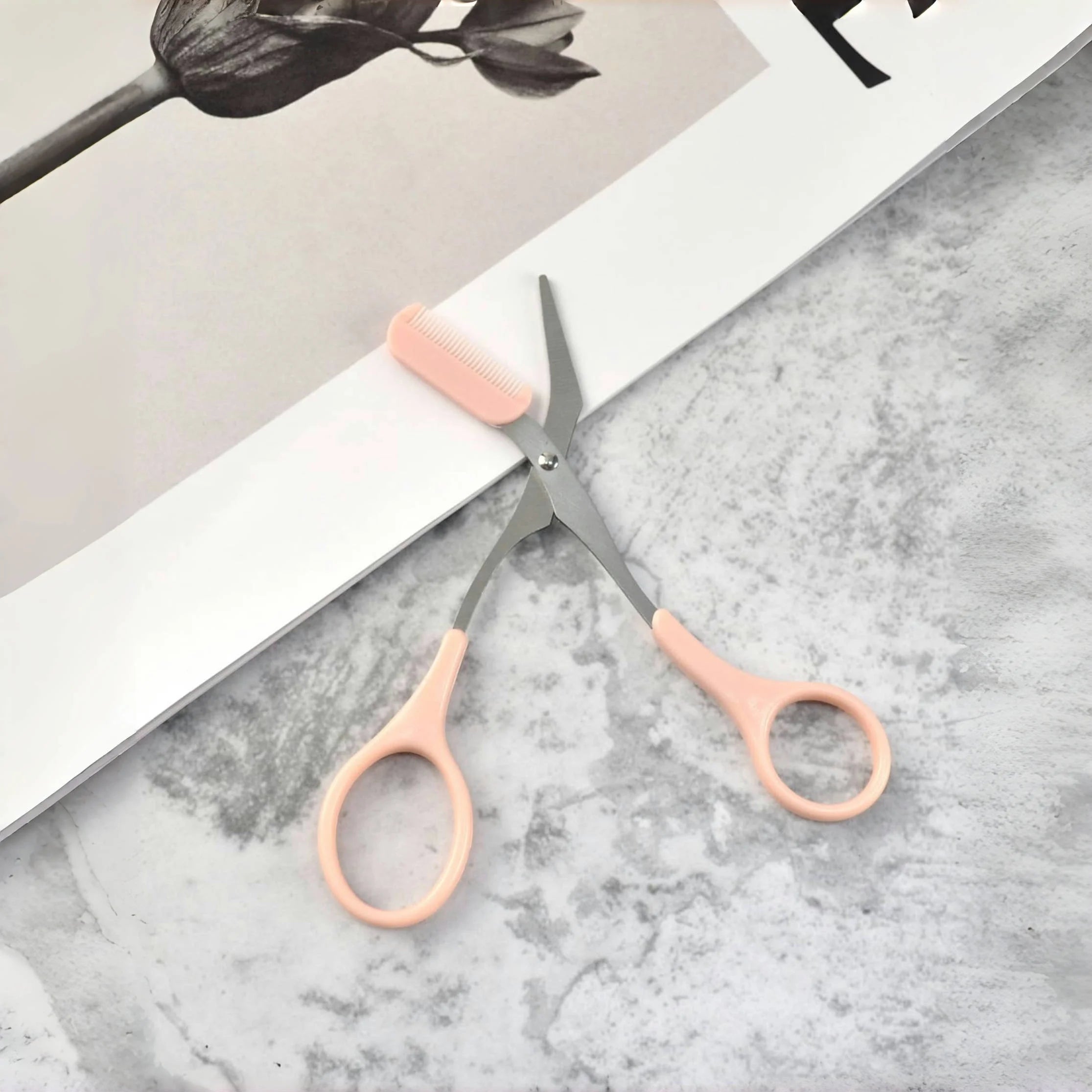 Pink eyebrow trimming scissors with built-in comb - stainless steel, precise grooming tool, creating perfect eyebrows | 5