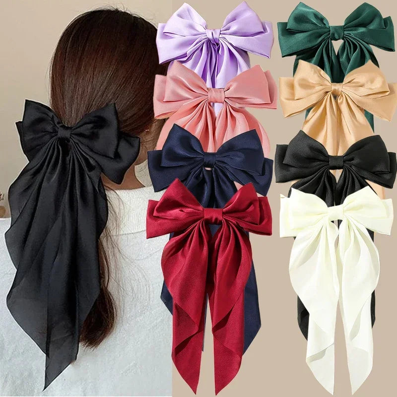 Korean Accessories Hair Clips for Women Girls Big Bowknot Solid Satin Long Ribbon Bows Spring Clamp Barette Cheveux Femme 2023 | 0