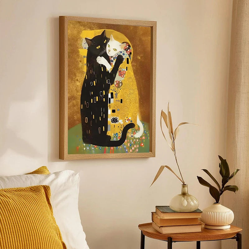 Cat Kitty Klimt Kiss Canvas Poster Vintage Creative Parody Style Print Wall Art Pictures Painting Living Room Home Decoration | 3