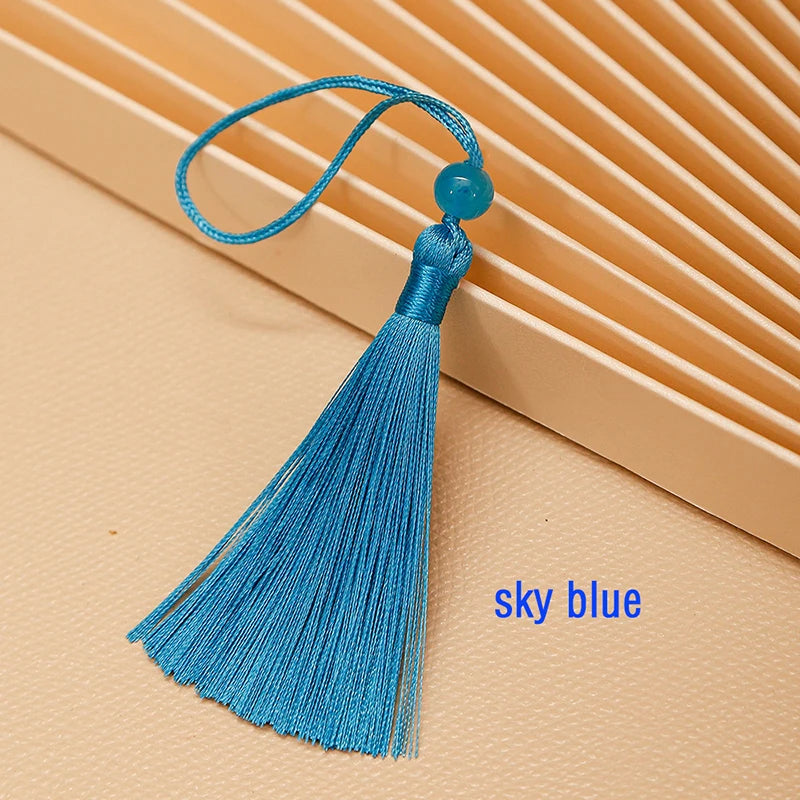 10pcs Tassels For Crafts Silky Tassel Handmade Soft Mini Tassels With Jade Beads for DIY Jewelry Making Bookmarks Crafts Decor | Color:sky blue