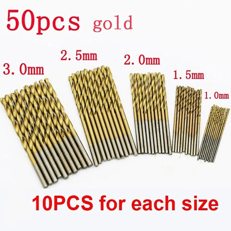 100/50Pcs Titanium Coated Drill Bits HSS High Speed Steel Set Tool Quality Power Tools 1/1.5/2/2.5/3mm | Color:50pcs Gold