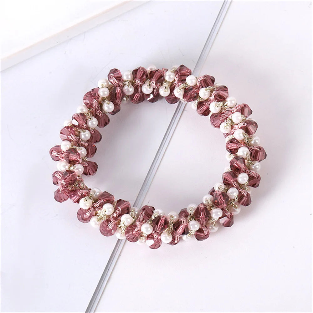 Crystal Hair Ties Boho Elastic Hair Scrunchies Pearl Hair Ropes Bead Ponytail Holders Hair Accessories For Women and Girls | Color:A2-a-SP028-B
