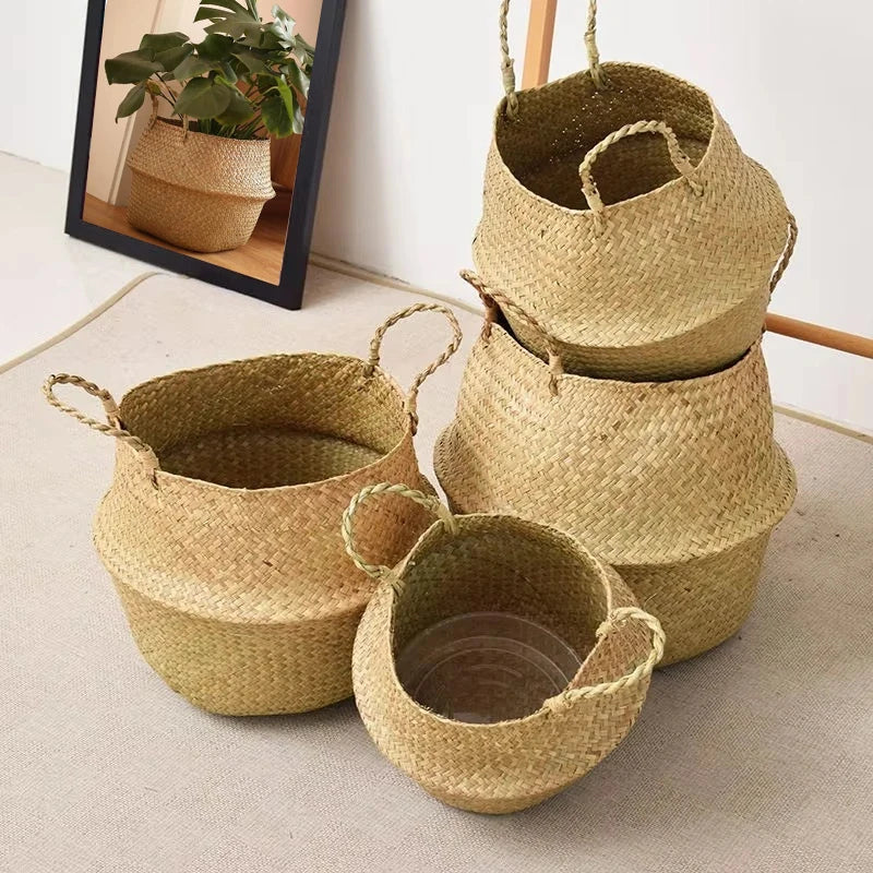 Seagrass Rattan Basket Foldable Wicker Organizer Handmade Plant Pot Laundry Bin Decorative Boho Style for Garden Home Decor | 2