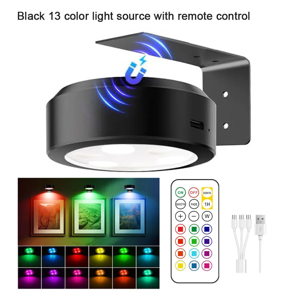 Picture Lights for Wall Rechargeable Magnetic Poster Lights Remote Dimmable Timer Painting Light Wall Decor Light Painting Light | Lampshade Color:Black 13 color rgb