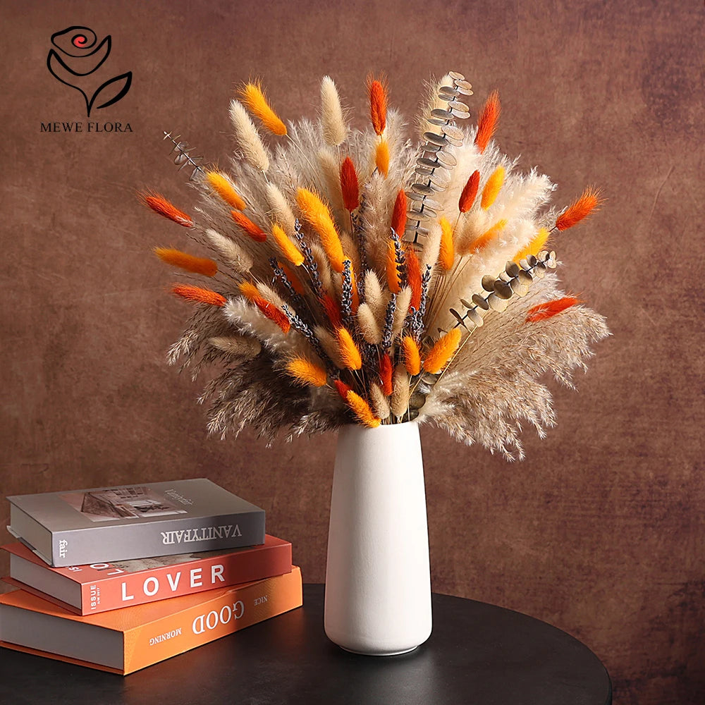 90Pcs Natural Fluffy Pampas Grass Bouquet Boho Home Accessories Fall Decoration Dried Flowers Orange Reeds Wedding Centerpieces | 0