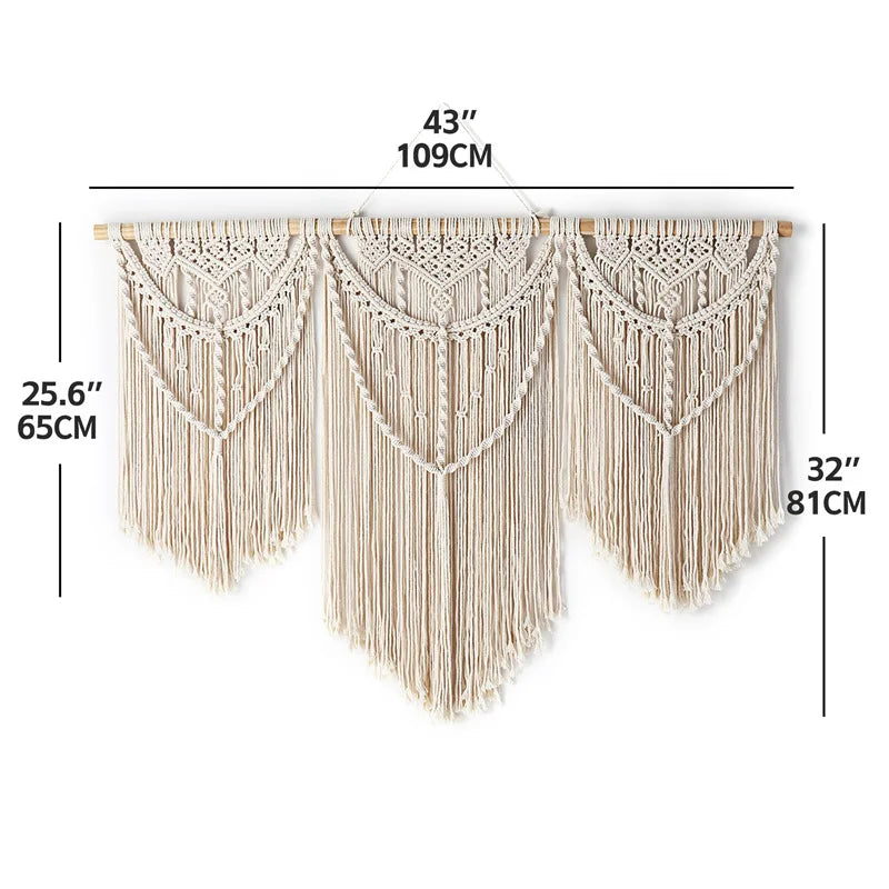 Large Macrame Wall Hanging Tapestry  with  Wooden Stick Hand-Woven Bohemia Tassel Curtain Tapestry  Wedding Backgrou Boho Decor | Color:E with wooden stick