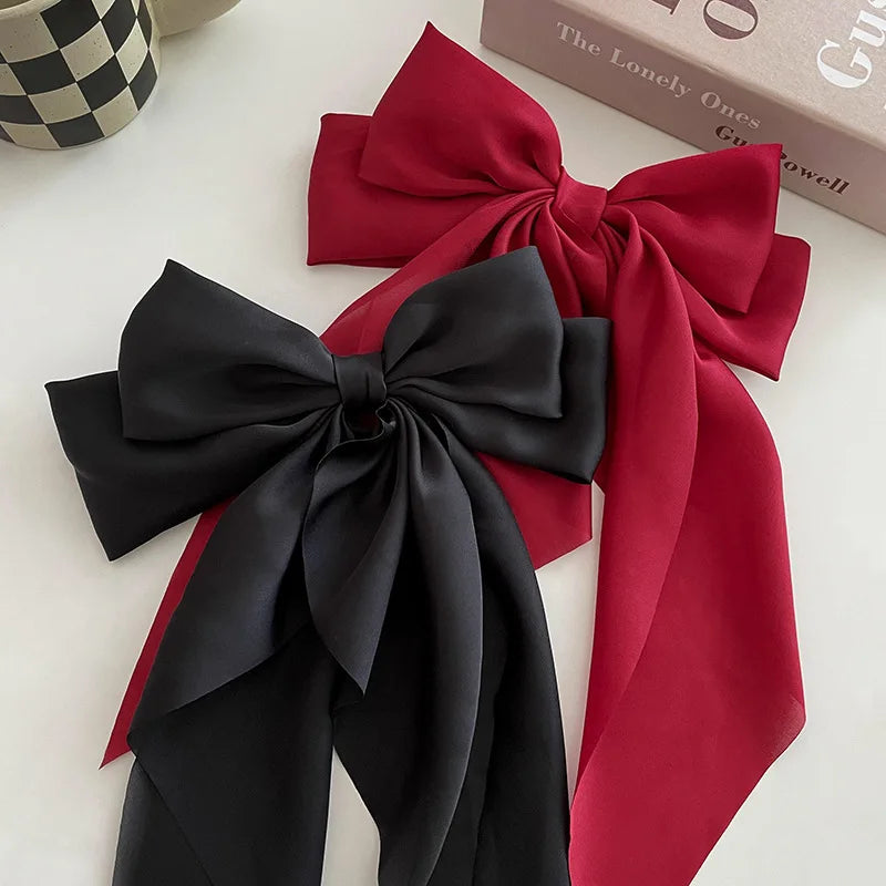 Korean Accessories Hair Clips for Women Girls Big Bowknot Solid Satin Long Ribbon Bows Spring Clamp Barette Cheveux Femme 2023 | Color:S1-2PCS