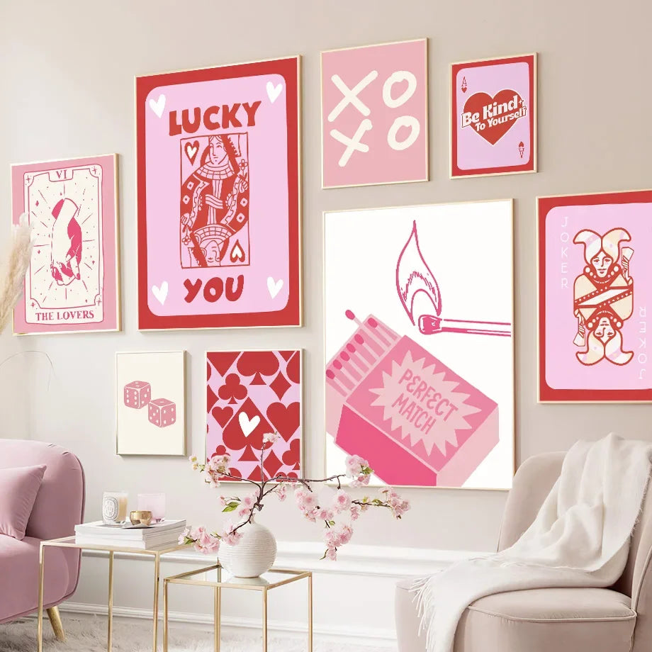 Pink Lucky Poker Queen Heart Dice Match Pop Y2k Art Living Room Home Decor Pastel Poster And Print Boho Wall Art Canvas Painting | 1