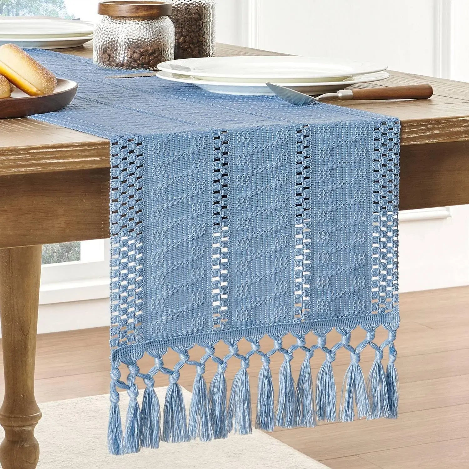 Macrame Style Boho Table Runner, Dresser Runner Cover Top,Ivory Table Runners for Living Room Kitchen Farmhouse Woven Home Decor | Color:Blue
