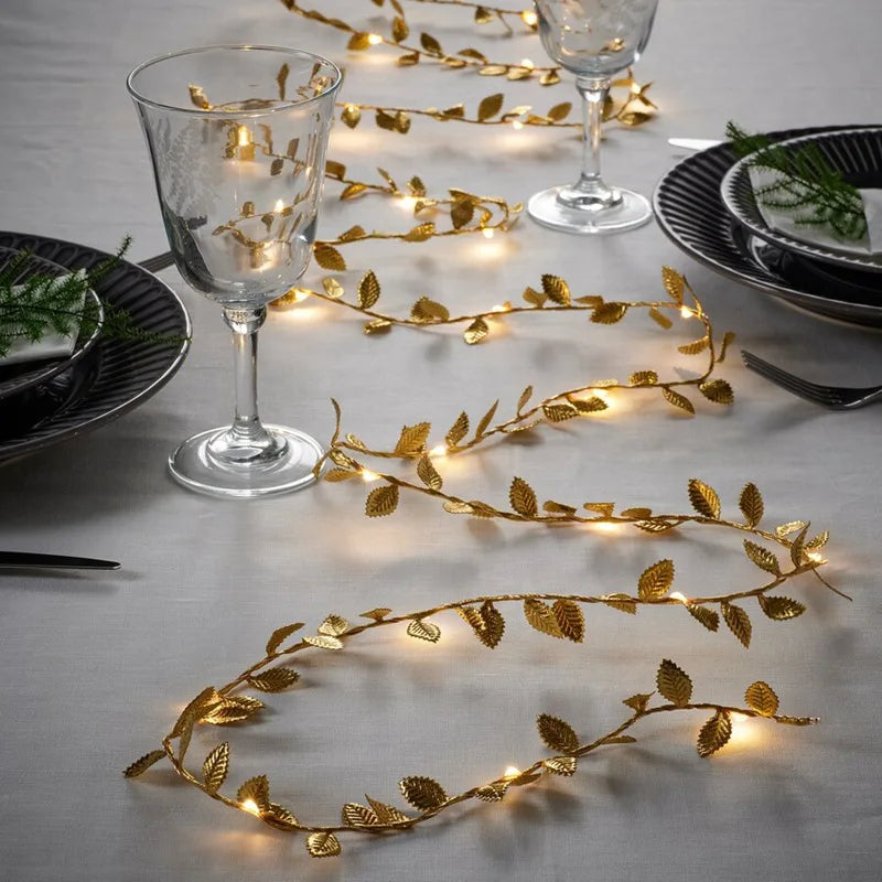 2M 20LED Golden Leaves String Fairy Lights For Wedding Birthday Party Decoration Home Garden Artificial Plant Garland Vine Light | 0