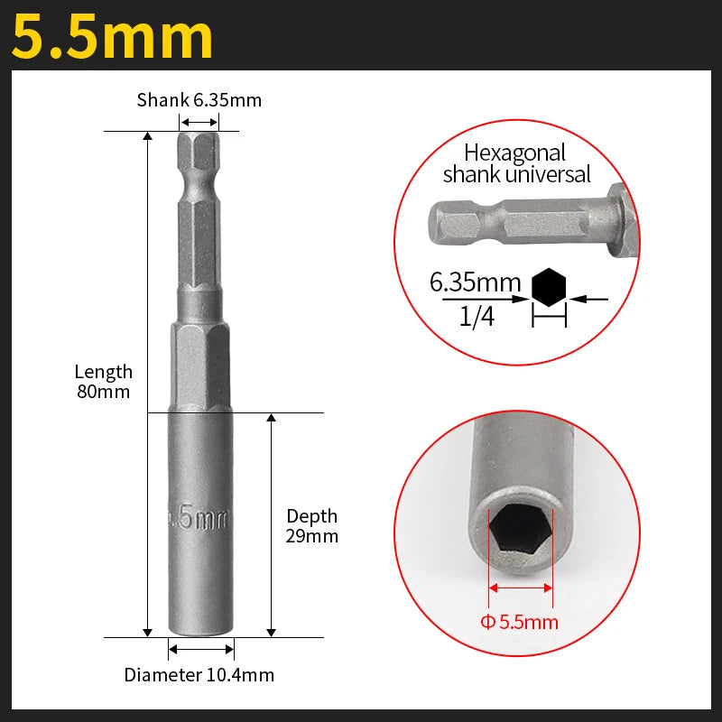 Length Deepen Impact Socket Adapter 5.5-19mm Power Nut Driver Socket Set 1/4-inch Hex Shank Screwdriver Key Head Hand Tool Set | Color:5.5mm