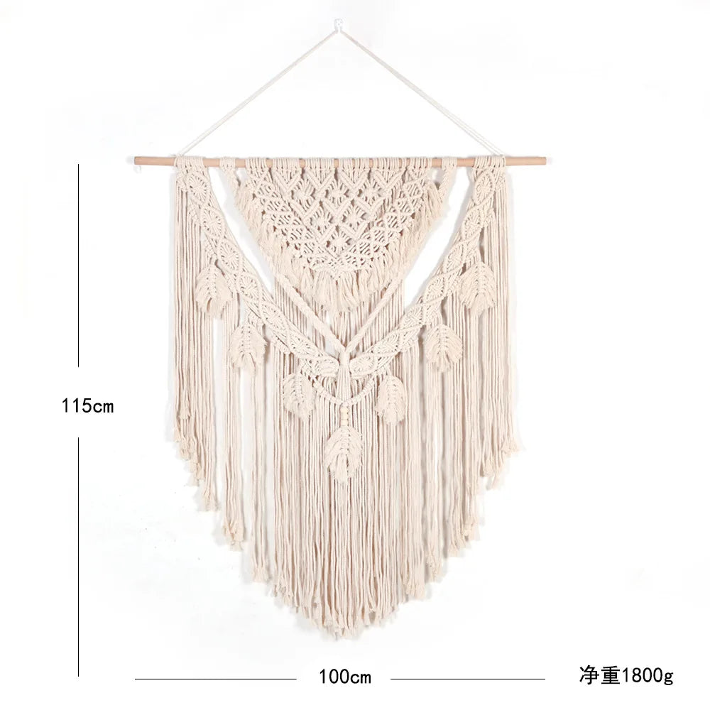 Large Macrame Wall Hanging Tapestry with Wooden Stick Hand-Woven Bohemia Tassel Curtain Tapestry Wedding Backgrou Boho Decor | Color:Z073