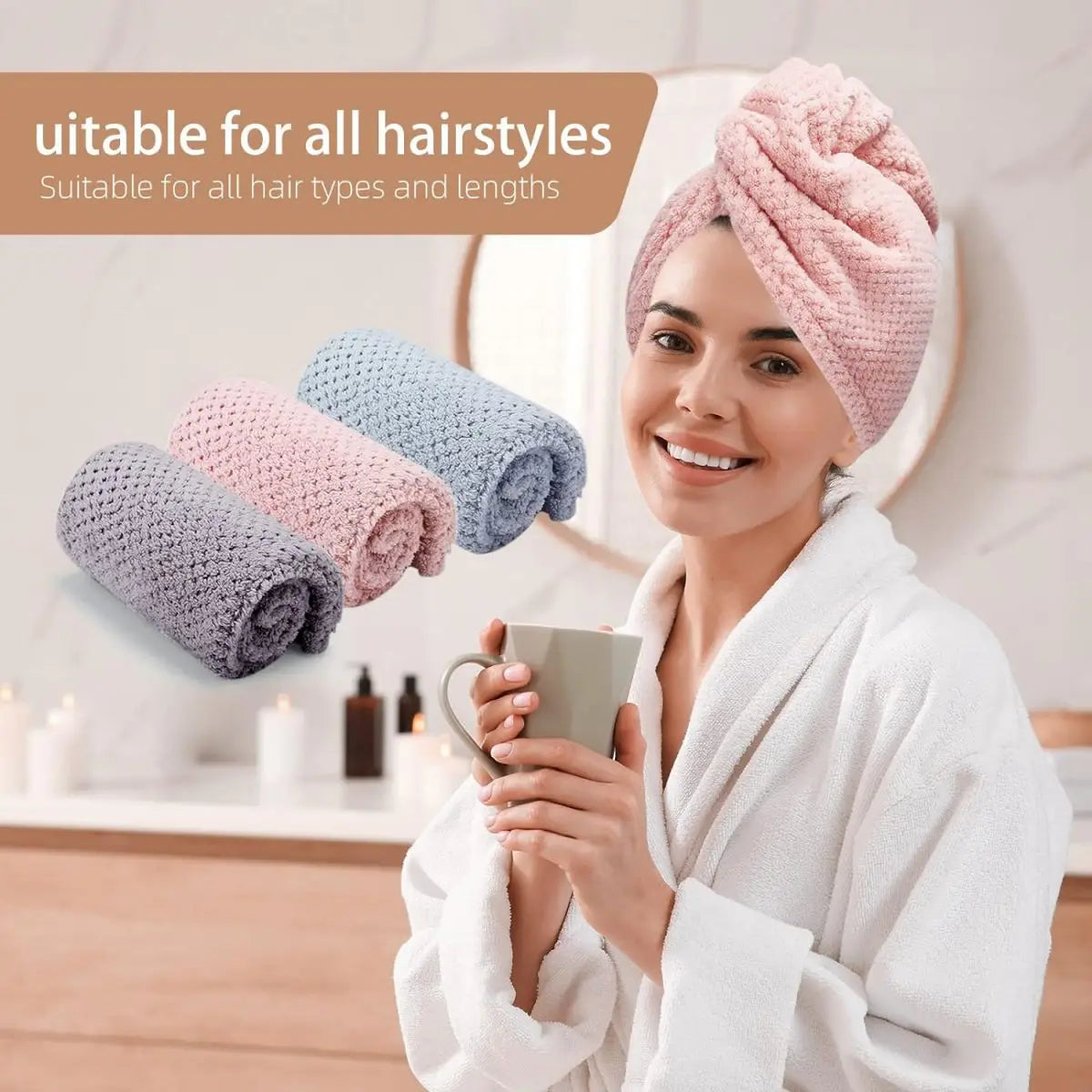 Solid color hair towel Textured dry hair cap 9.8 "X 25.5" absorbent hair towel wrap for button-down women | 4