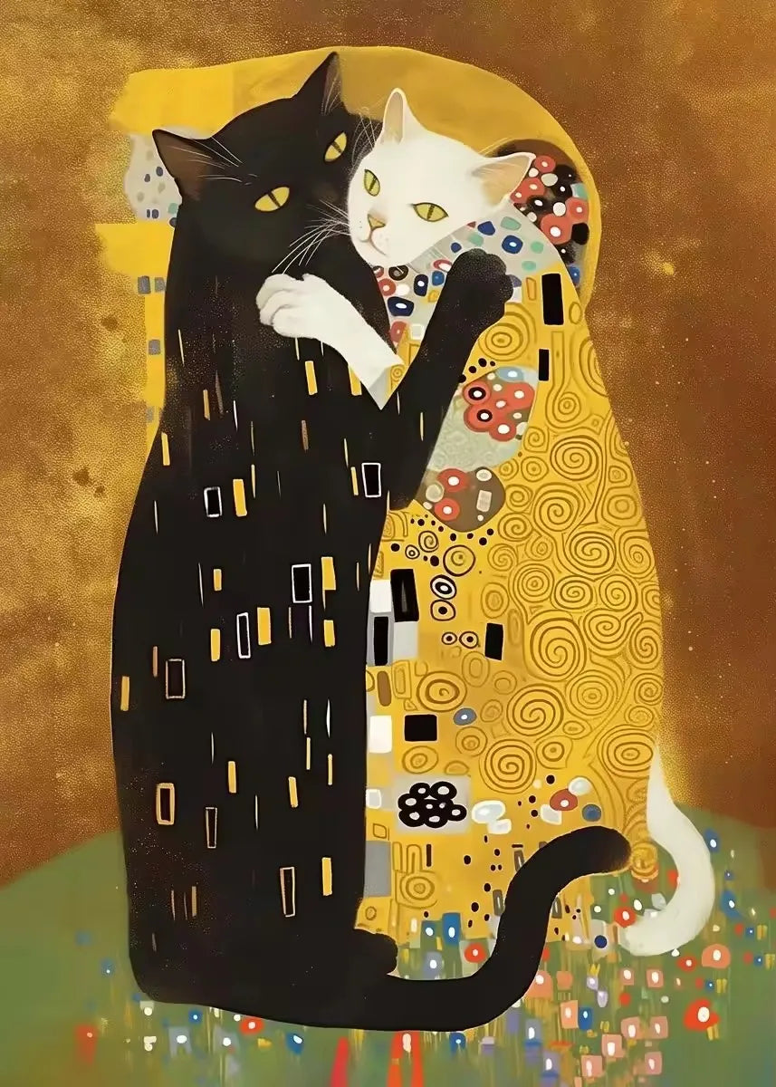 Cat Kitty Klimt Kiss Canvas Poster Vintage Creative Parody Style Print Wall Art Pictures Painting Living Room Home Decoration | Color:A