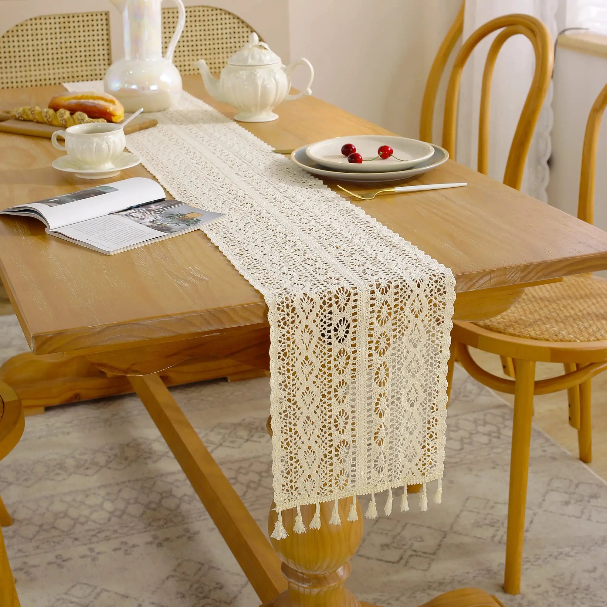 Cotton Lace Boho Beige Table Runner Farmhouse Style Vintage Home Bridal Shower Country Wedding Party Coffee Dining Table Decor | 0