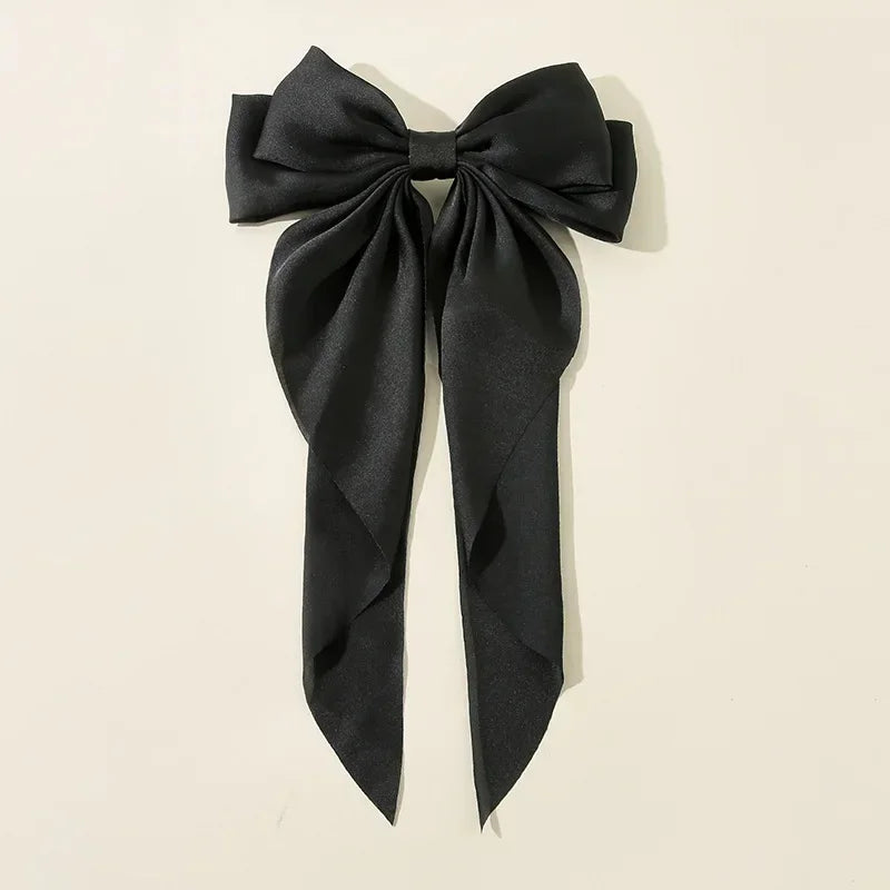 Korean Accessories Hair Clips for Women Girls Big Bowknot Solid Satin Long Ribbon Bows Spring Clamp Barette Cheveux Femme 2023 | Color:Black