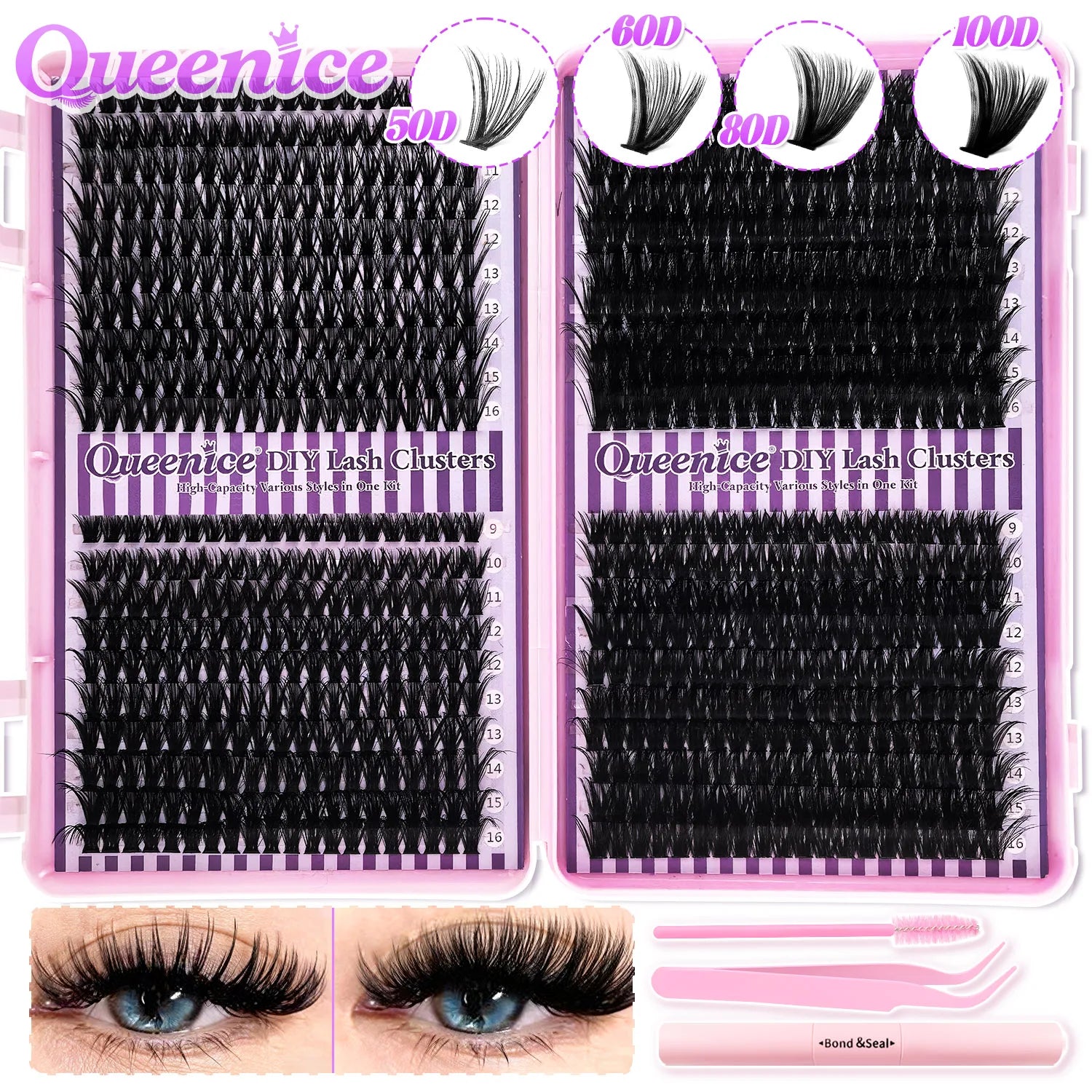 DIY Lash Extension Kit Clusters Individual Eyelashes Kit 9-16mm with Bond and Seal Wispy Natural Mange Lashes | Color:506080100D Kit