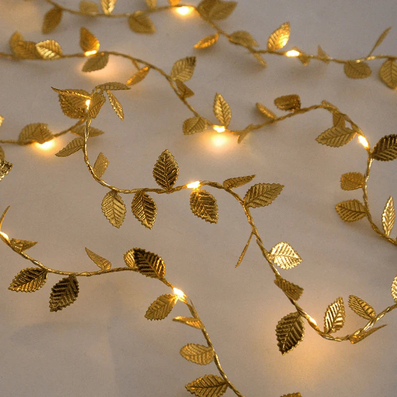 2M 20LED Golden Leaves String Fairy Lights For Wedding Birthday Party Decoration Home Garden Artificial Plant Garland Vine Light | 1
