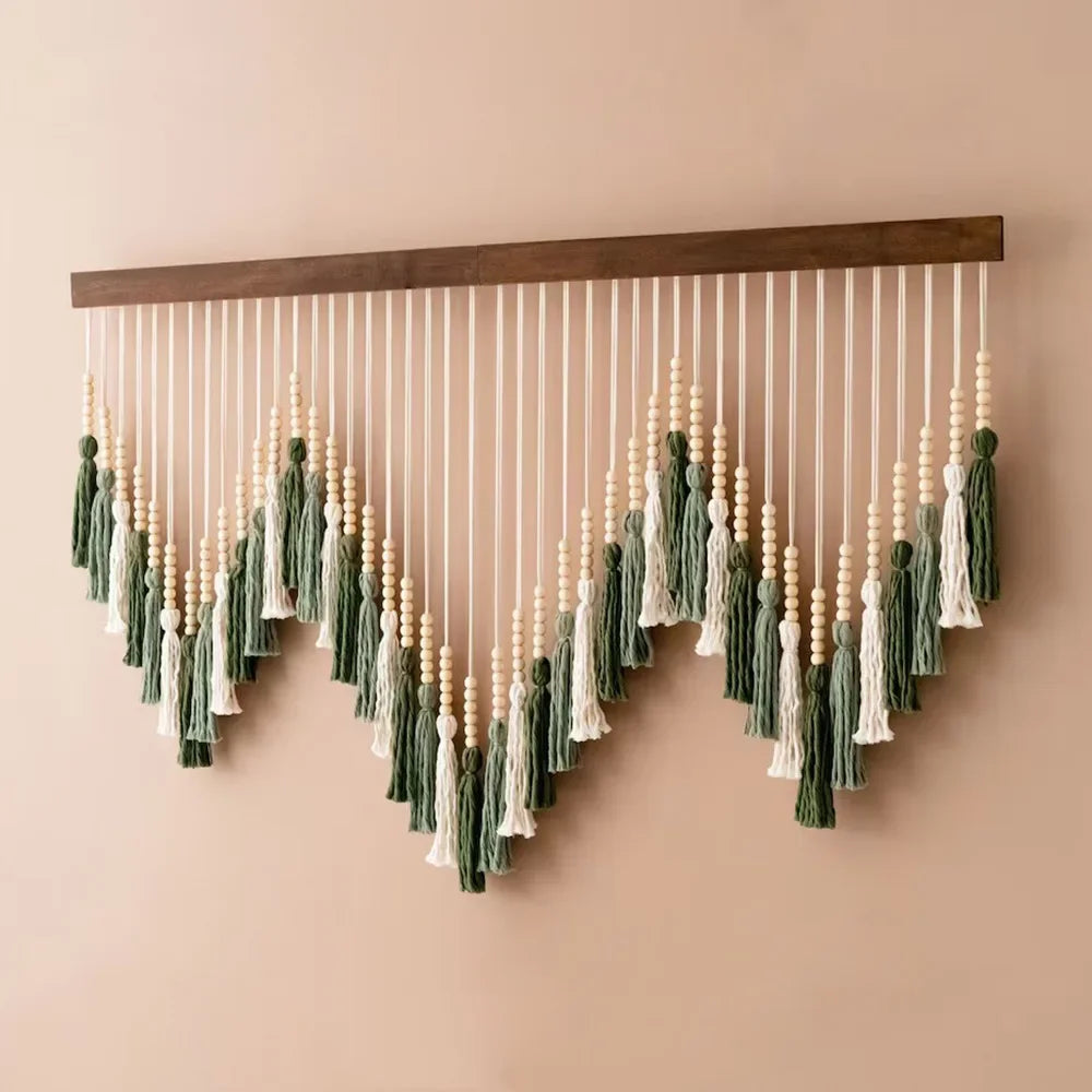Macrame Wall Hanging Tapestry with Wooden Stick Hand-Woven Bohemia Tassel Curtain Tapestry Wedding Backgrou Boho Decor | Color:Slina 068020