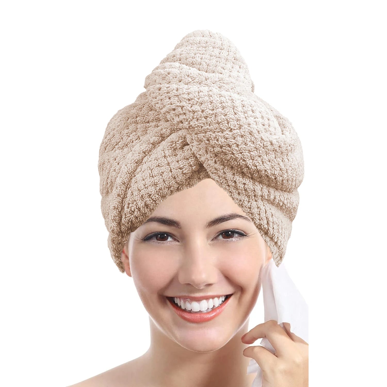 Solid color hair towel Textured dry hair cap 9.8 "X 25.5" absorbent hair towel wrap for button-down women | Color:Khaki