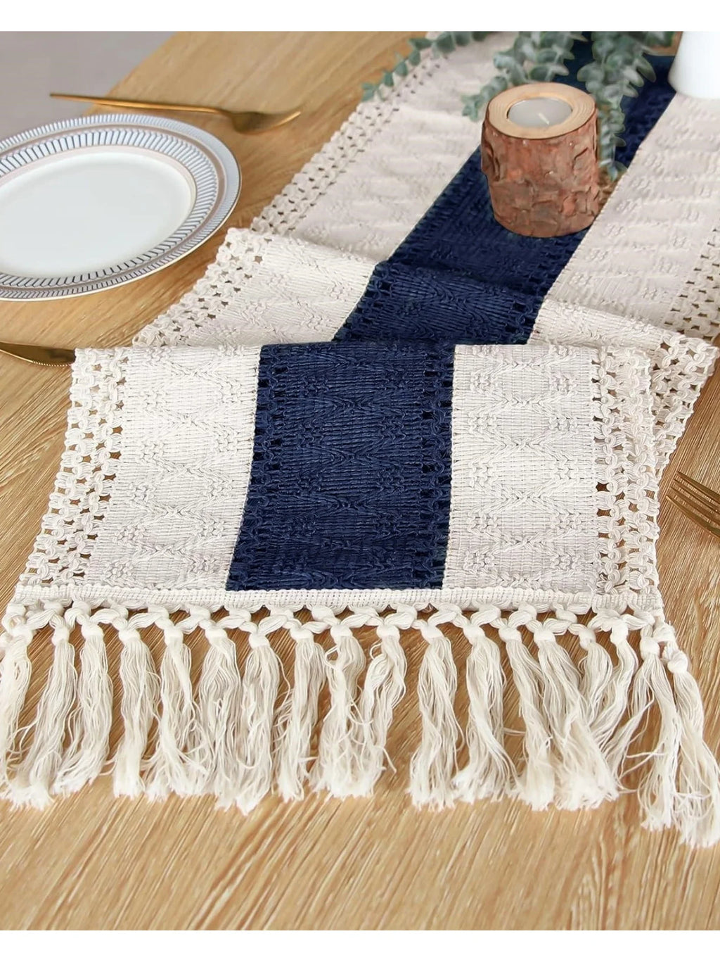 Blue Table Runner Handmade Hemstitch Boho Table Runner Or Dresser Scarf,Classic Table Runner with Tassels for Dining Table Decor | Color:Blue