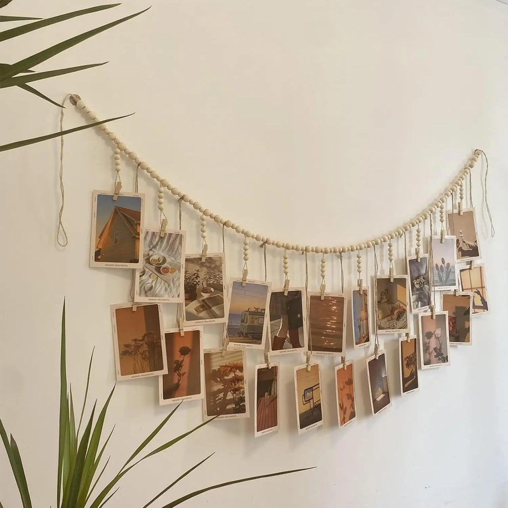 Hanging Photo Display Wooden Bead Garland Boho Wall Hanging for Bedroom Living Room Dorm Party Decor Teen Girl Gifts | 0