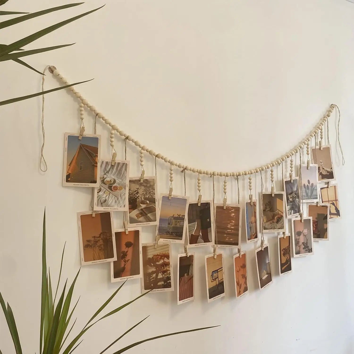 Hanging Photo Display Wooden Bead Garland Boho Wall Hanging for Bedroom Living Room Dorm Party Decor Teen Girl Gifts | Color:22 clips