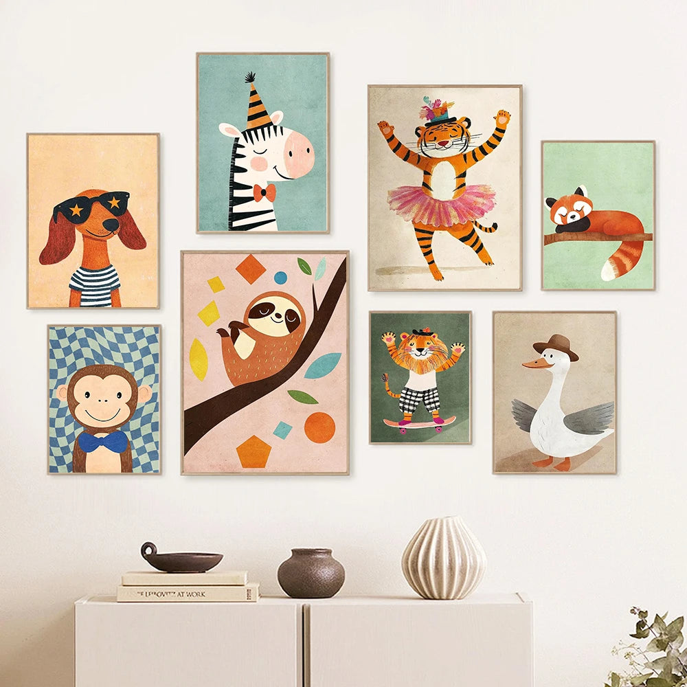 Safari Nursery Decor Poster Jungle Boho Cartoon Cute Wall Art Prints Baby Kids Animal Prints Children's Room Bedroom Decoration | 0