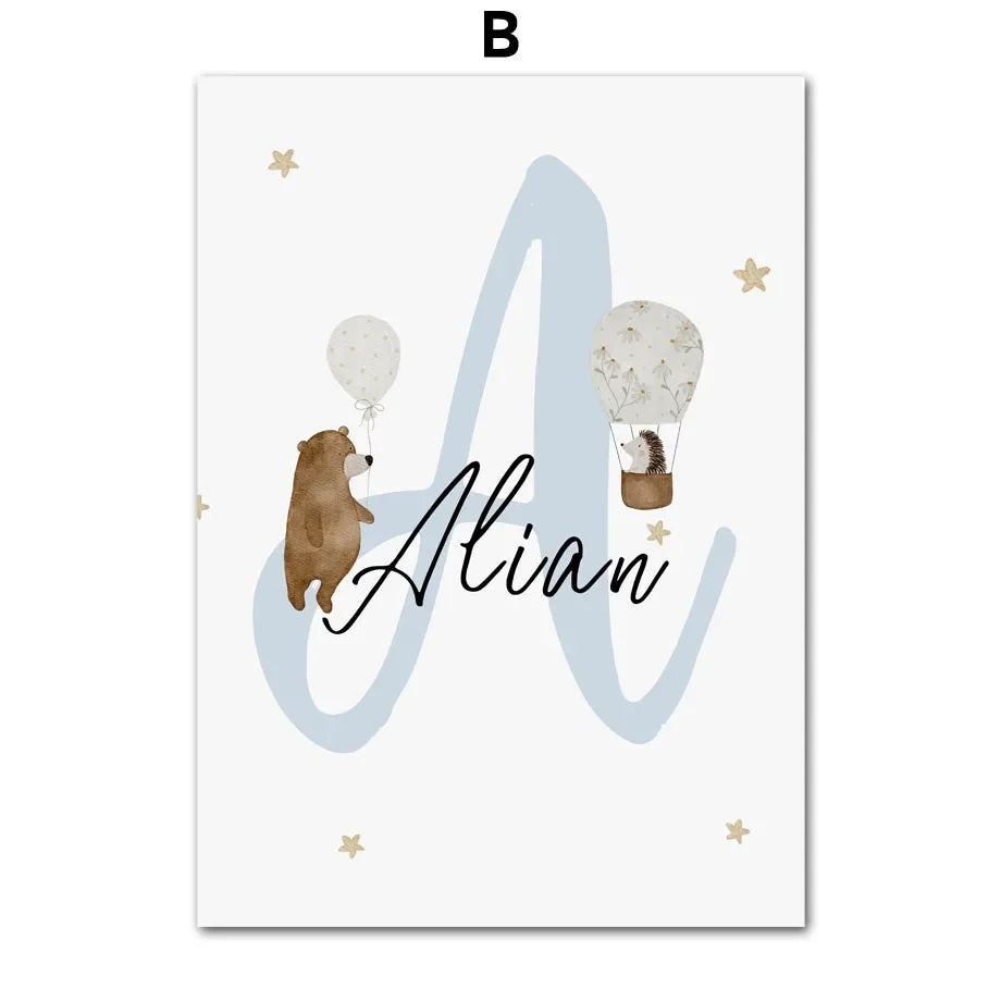 Boho Space Rocket Bear Mouse Hedgehog Custom Name Nursery Wall Art Children's Prints Posters Canvas Painting For Kids Room Decor | Color:B