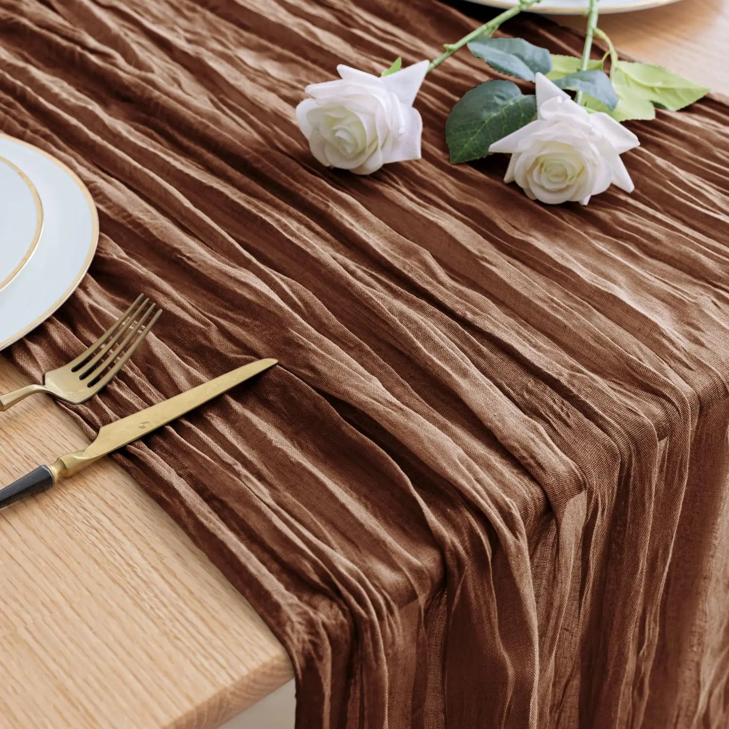 90x300cm Brown Cheesecloth Table Runners Boho Sheer Tablecloth for Wedding Shower Birthday Bridal Party Home Dinning Decoration | 0